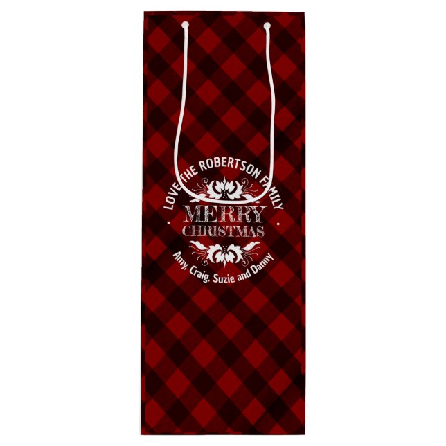 Rustic Christmas red plaid custom family Wine Gift Bag (Front)