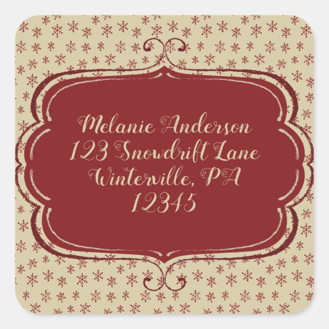 Rustic Christmas Red Snowflake Return Address Square Sticker (Front)