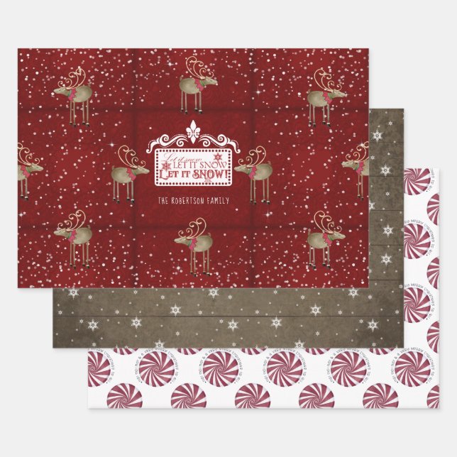 Rustic Christmas Reindeer Let it Snow Peppermint Wrapping Paper Sheet (Set)