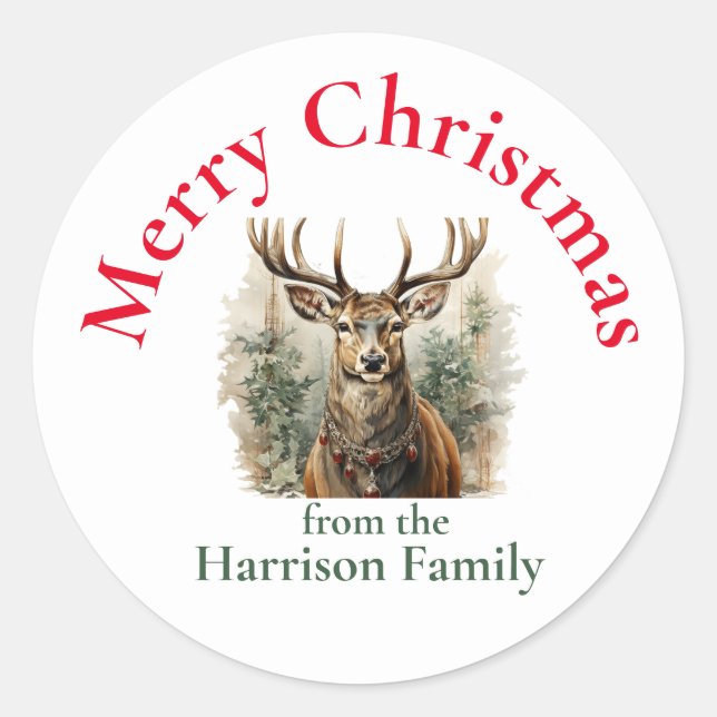 Rustic Christmas Reindeer Wishes Classic Round Sticker (Front)