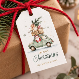 Rustic Christmas Santa Car Watercolor Gift Tags