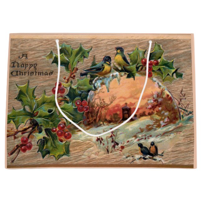 Rustic Christmas Scene on Weathered Wood Large Gift Bag (Front)