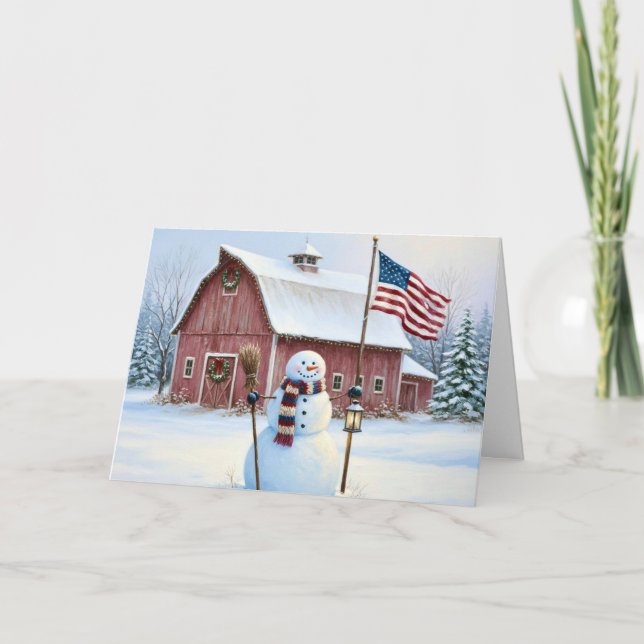 Rustic Christmas Snowman American Flag Holiday Card (Front)