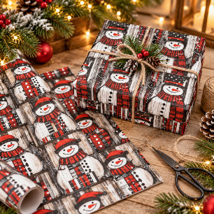 Rustic Christmas Snowmen Red Black Plaid Farmhouse Wrapping Paper Sheet