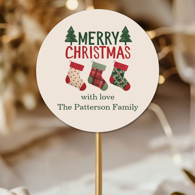 Rustic Christmas Stockings Holiday Classic Round Sticker (Rustic Christmas Stockings Holiday Classic Round Sticker)