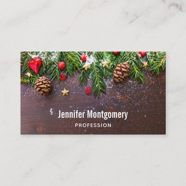 Rustic Christmas Table with Pine & Snow Business Card (Front)