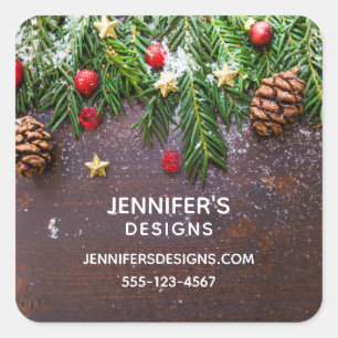 Rustic Christmas Table with Pine & Snow Business Square Sticker