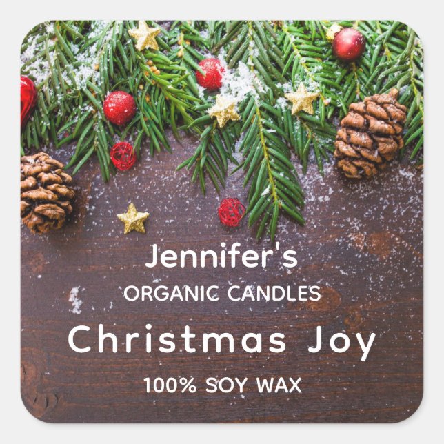 Rustic Christmas Table with Pine & Snow Candle Biz Square Sticker (Front)