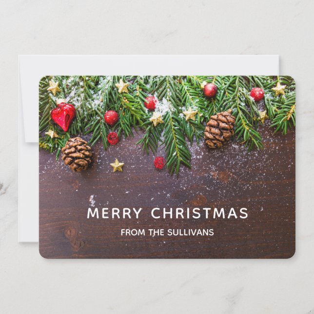 Rustic Christmas Table with Pine & Snow Holiday Card (Front)