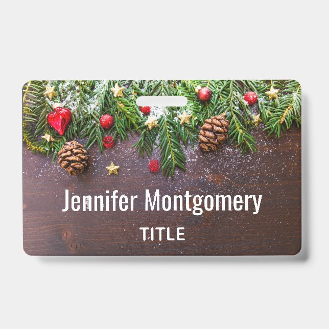 Rustic Christmas Table with Pine & Snow ID Badge (Front)