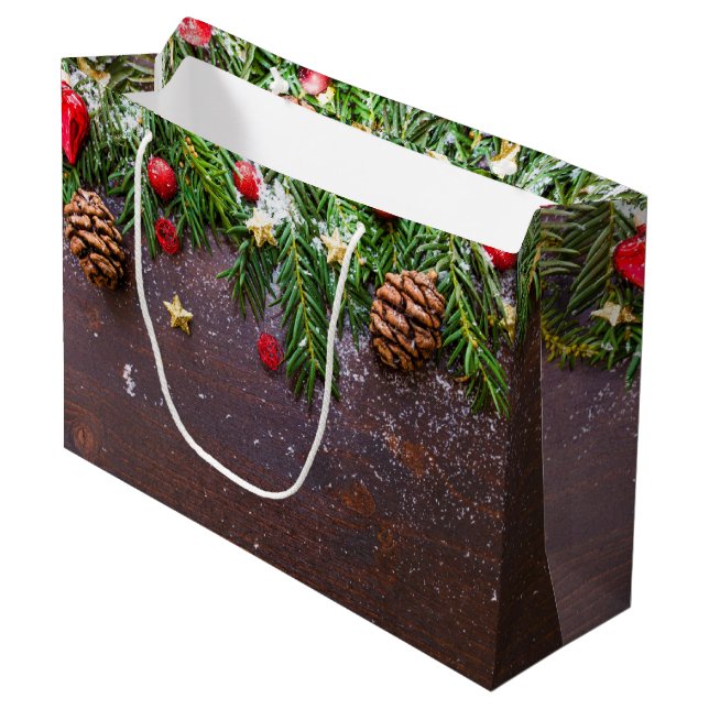 Rustic Christmas Table with Pine & Snow Large Gift Bag (Front Angled)