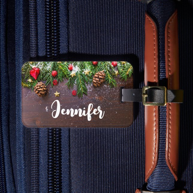 Rustic Christmas Table with Pine & Snow Luggage Tag (Front Insitu 4)