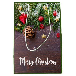 Rustic Christmas Table with Pine & Snow Medium Gift Bag