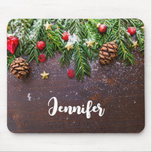 Rustic Christmas Table with Pine & Snow Mouse Mat