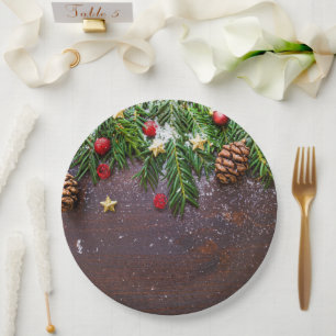 Rustic Christmas Table with Pine & Snow Paper Plate