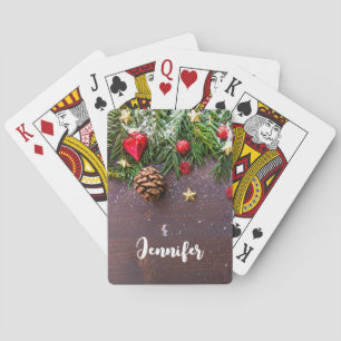 Rustic Christmas Table with Pine & Snow Playing Cards