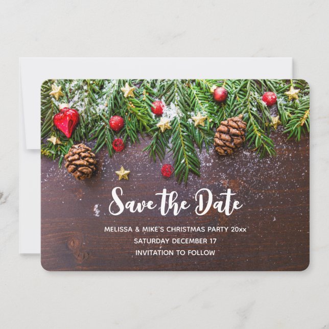 Rustic Christmas Table with Pine & Snow Save The Date (Front)