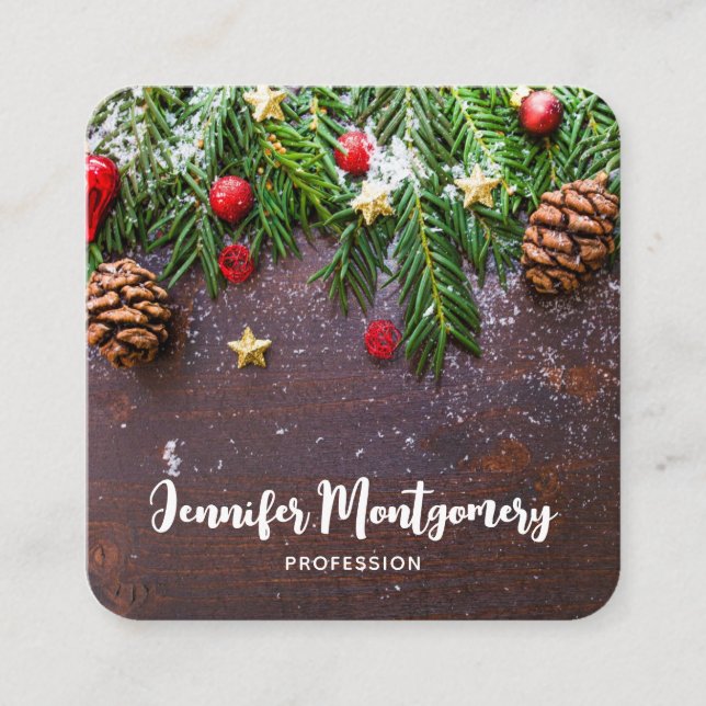 Rustic Christmas Table with Pine & Snow Square Business Card (Front)
