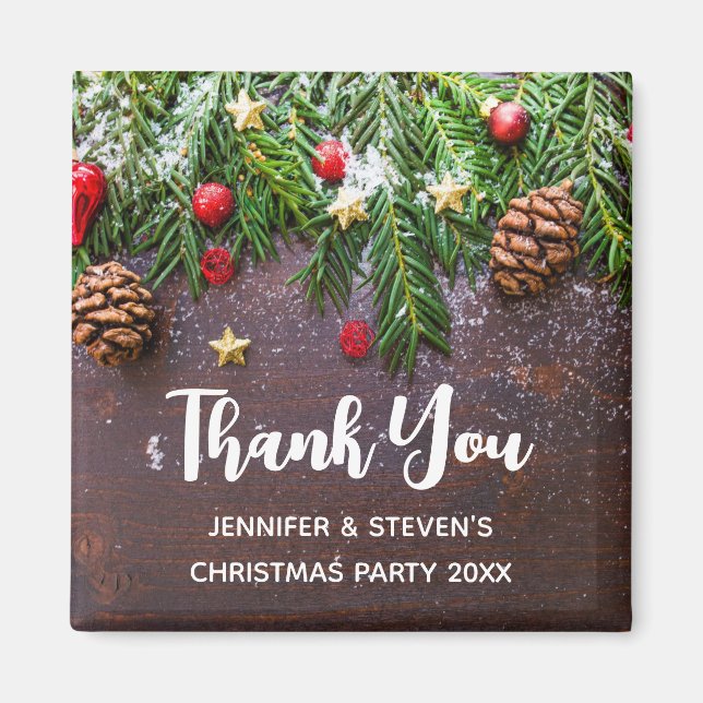 Rustic Christmas Table with Pine & Snow Thank You Magnet (Front)