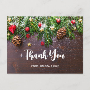 Rustic Christmas Table with Pine & Snow Thank You Postcard