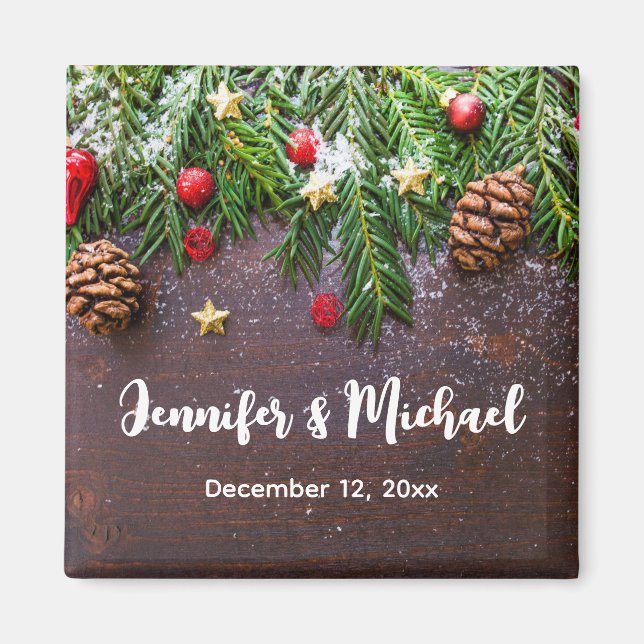 Rustic Christmas Table with Pine & Snow Wedding Magnet (Front)