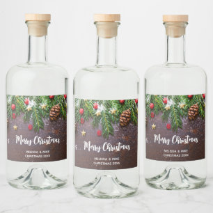 Rustic Christmas Table with Pine & Snow Wine Liquor Bottle Label
