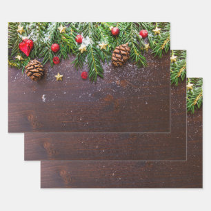 Rustic Christmas Table with Pine & Snow Wrapping Paper Sheet