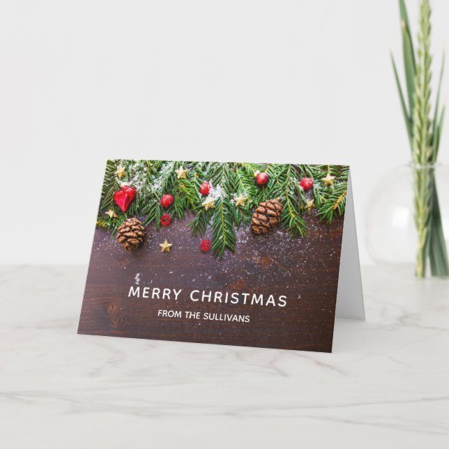 Rustic Christmas Table with Pine & Snow Xmas Card (Front)