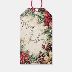 Rustic Christmas Tag with Poinsettias and Pinecone