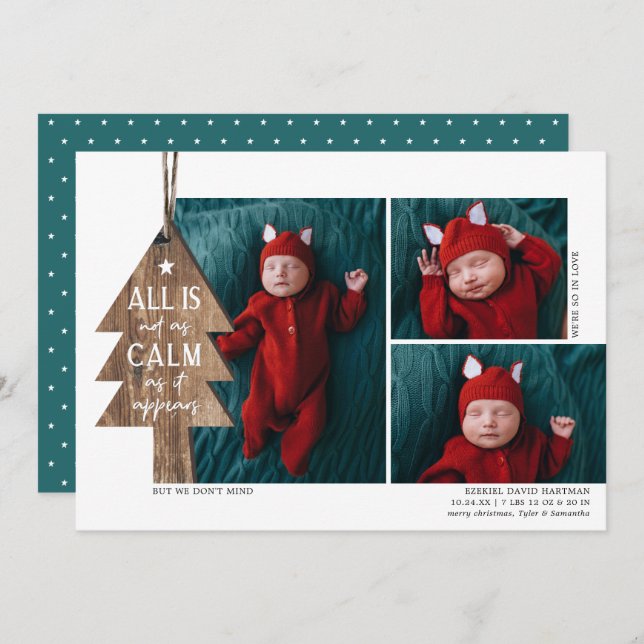 Rustic Christmas Tree 3 Photo Birth Announcement (Front/Back)