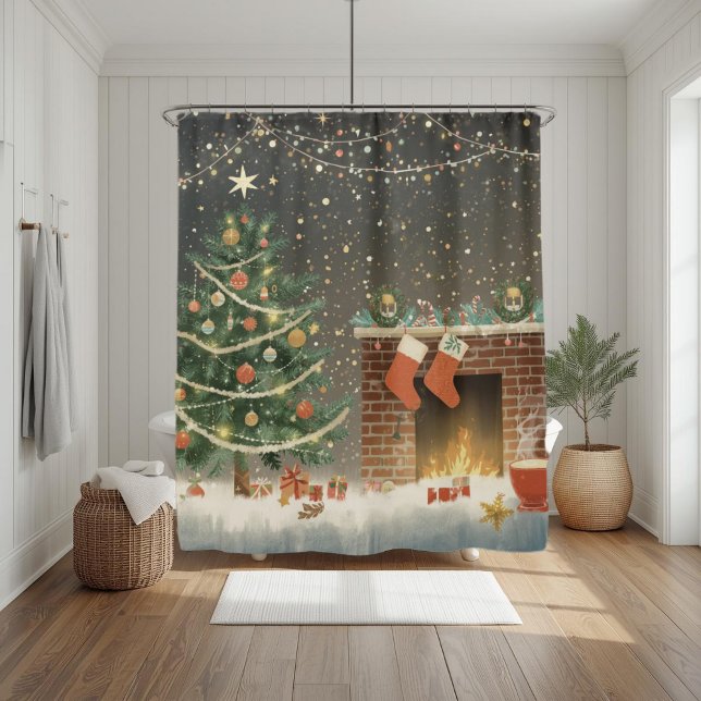 Rustic Christmas Tree and Fireplace Shower Curtain (Creator Uploaded)