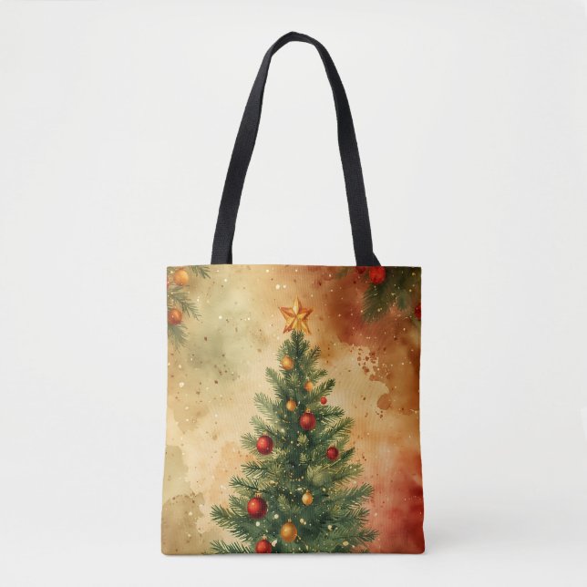 Rustic Christmas Tree And Ornaments Watercolor Tote Bag (Front)