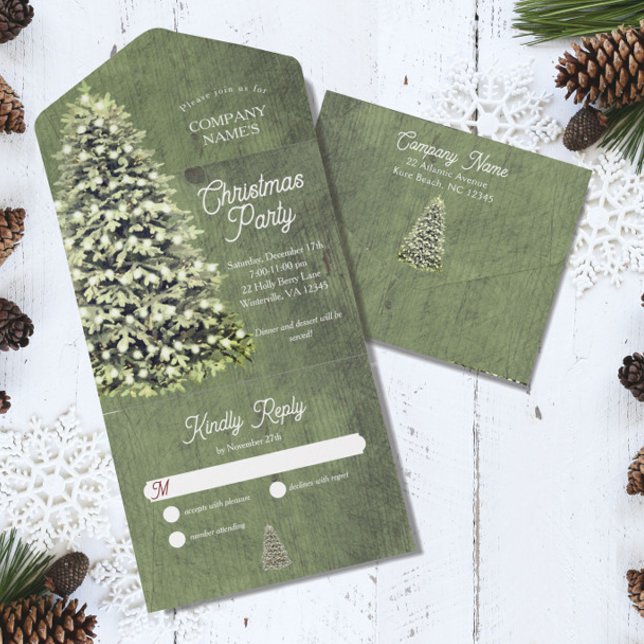 Rustic Christmas Tree Company Party Holiday Green All In One Invitation (Creator Uploaded)