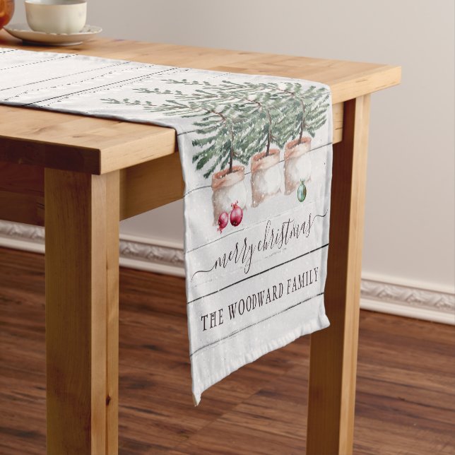 Rustic Christmas Tree Custom Family Name Short Table Runner (In Situ)