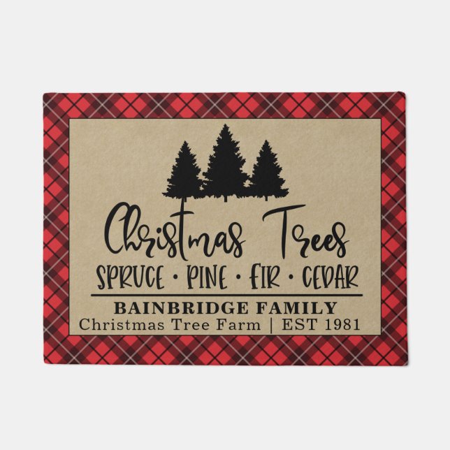 Rustic Christmas Tree Farm Red Plaid Family Name Doormat (Front)
