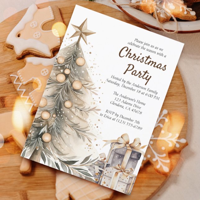 Rustic Christmas Tree Holiday Party Invitation (Invite your guests to your Christmas celebration with this heartwarming and cozy holiday invitation.)