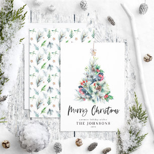 Rustic Christmas Tree Hollly Bird Holiday Card