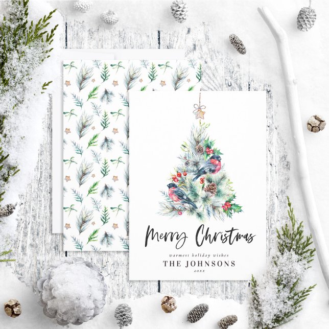 Rustic Christmas Tree Hollly Bird Holiday Card (Creator Uploaded)