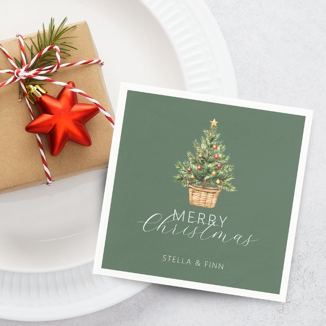 Rustic Christmas Tree In Basket Dusty Green Napkin (Rustic Christmas Tree In Basket Dusty Green Napkins)