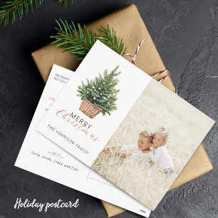 Rustic Christmas Tree In Basket Photo Holiday Postcard