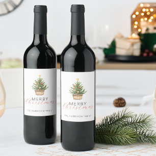 Rustic Christmas Tree In Basket Wine Label