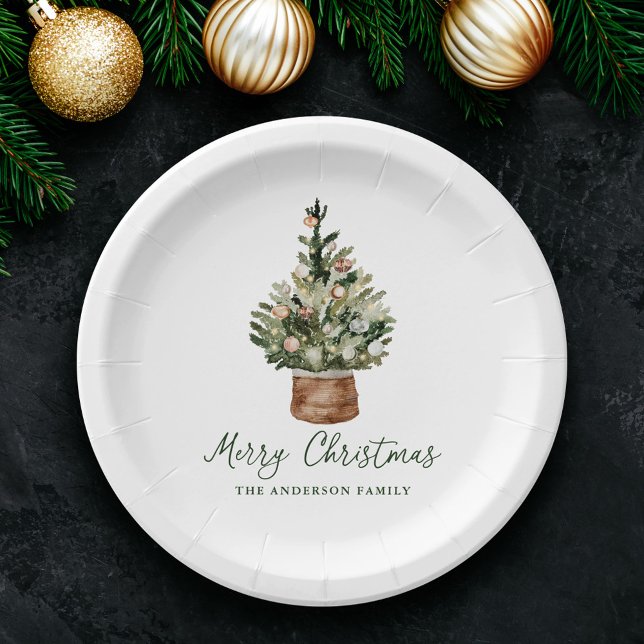Rustic Christmas Tree Ornaments Neutral Holiday Paper Plate (Creator Uploaded)