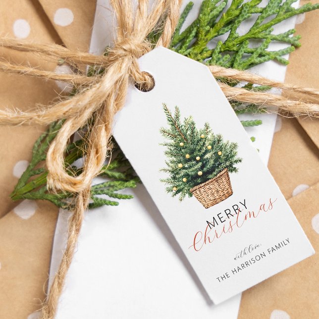 Rustic Christmas Tree Personalised Gift Tags (Rustic Christmas Tree In Basket Personalized Gift Tags)