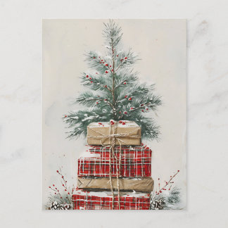 Rustic Christmas Tree & Plaid Gift Stack  Holiday Postcard
