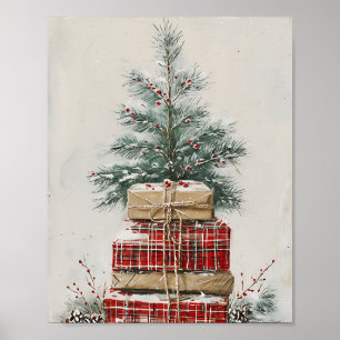 Rustic Christmas Tree & Plaid Gift Stack  Poster