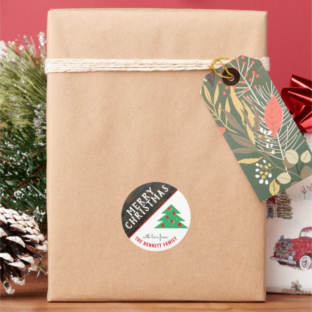 Rustic Christmas Tree Red Family Christmas Holiday Classic Round Sticker (Holiday)