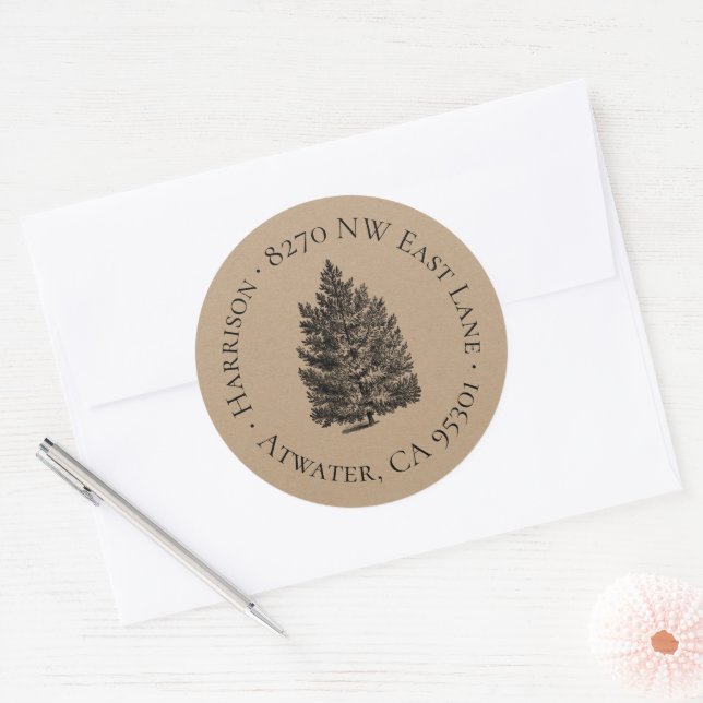 Rustic Christmas Tree Round Return Address Label (Envelope)