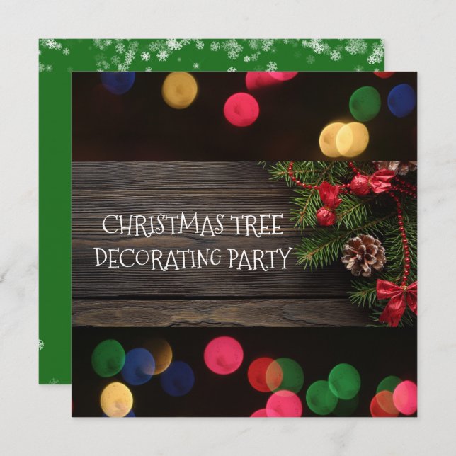 Rustic Christmas Tree Trimming Party Bokeh Lights Invitation (Front/Back)