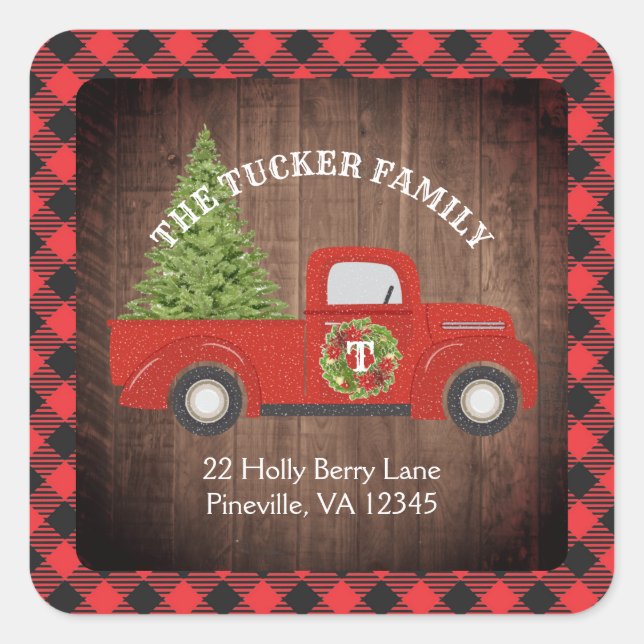 Rustic Christmas Tree Truck Plaid Address Label (Front)