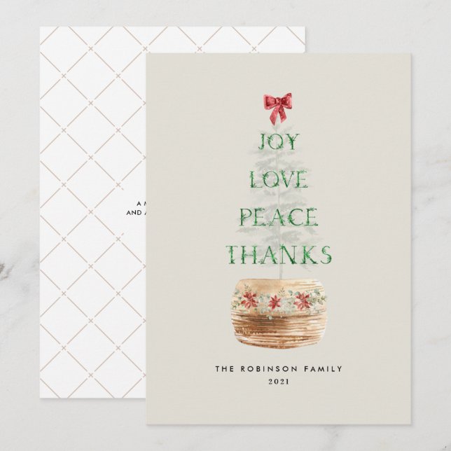 Rustic Christmas Tree Typography Green Red Holiday Card (Front/Back)